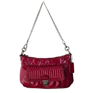 Coach Poppy Liquid Gloss Patent Leather Quilted Handbag Red Silver Fair